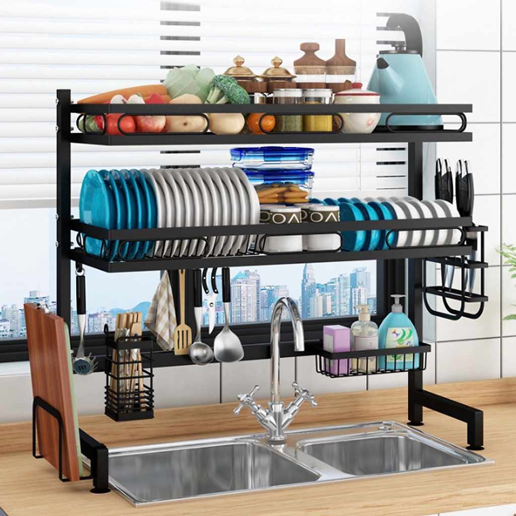 Kệ Để Bát Đĩa Bắt Ngang Bồn Rửa Bát 2 Tầng Thép Carbon Đa Năng Giá Để Đồ Chén Đĩa Trên Bồn Rửa Bát Sơn Đen Cao