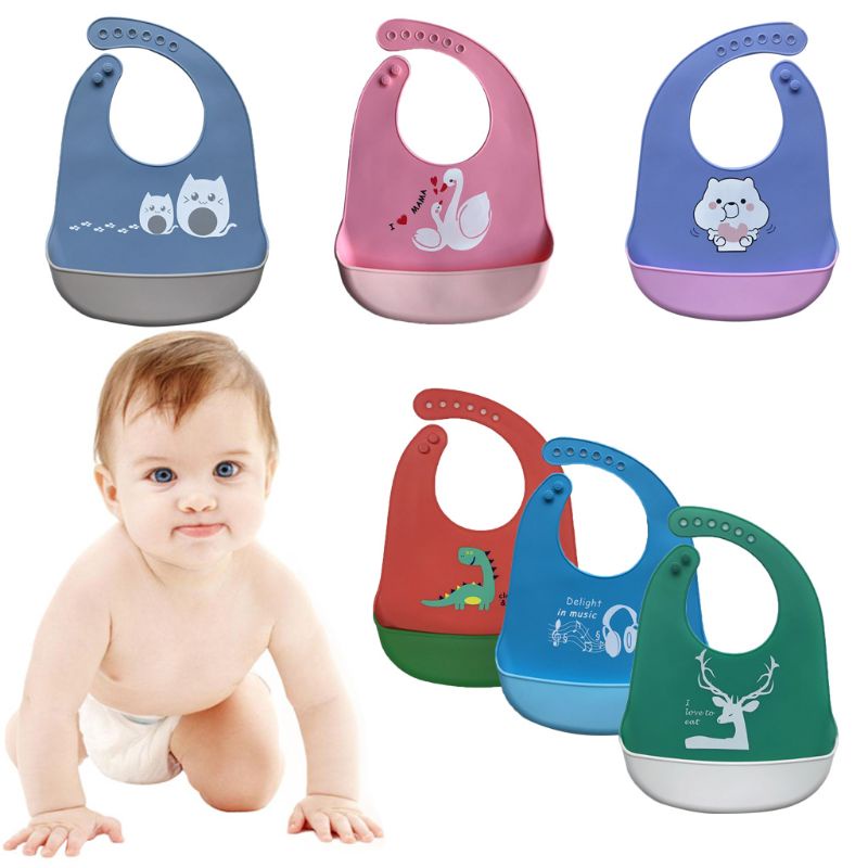 Yếm Ăn Hai Màu Bằng Silicon Mềm Chống Nước Có Thể Điều Chỉnh Cho Bé Sơ Sinh