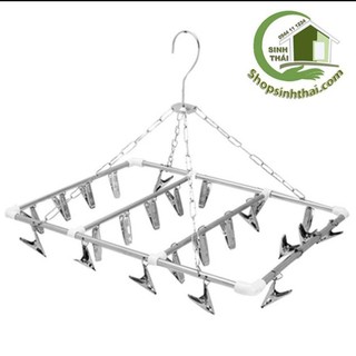 Móc dù inox treo phơi quần áo trẻ em 28 kẹp, móc dù xếp gọn hình chữ nhật