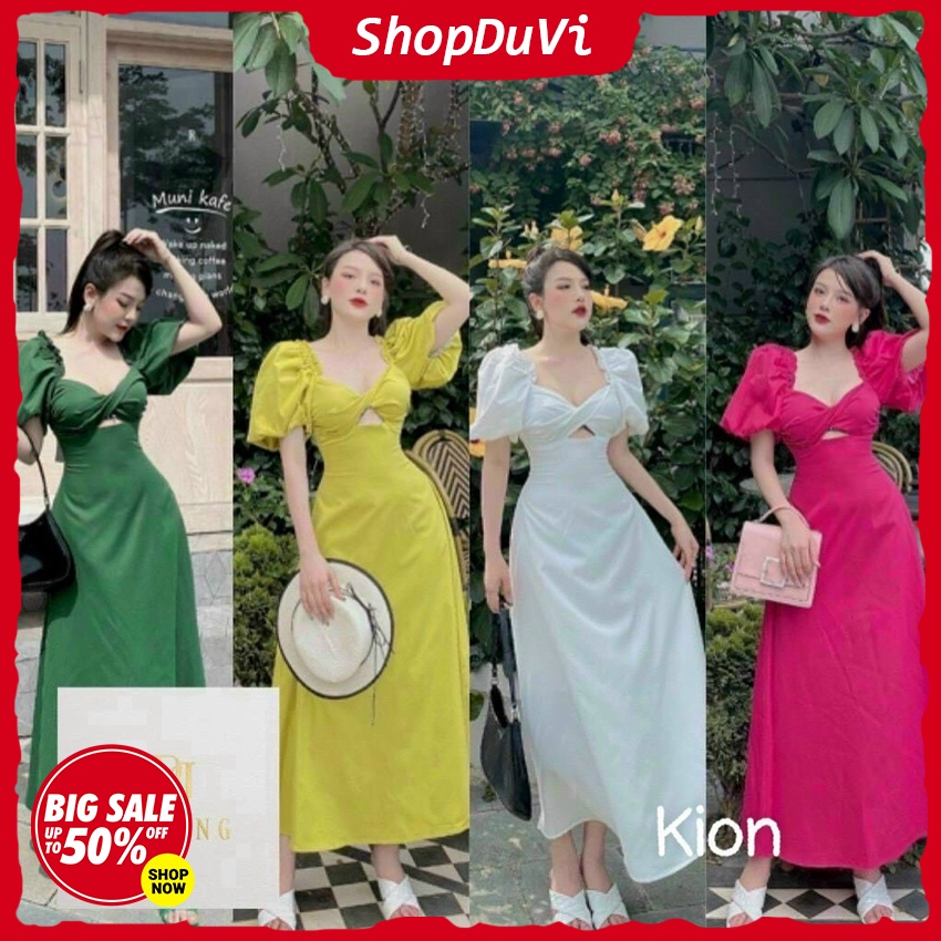 Đầm Nữ Kiểu Tay Búp Tiểu Thư Xoắn Ngực Khoét Bụng Dáng Dài Đa Dạng Màu Sắc Mặc Du Lịch Gía Siêu Rẻ