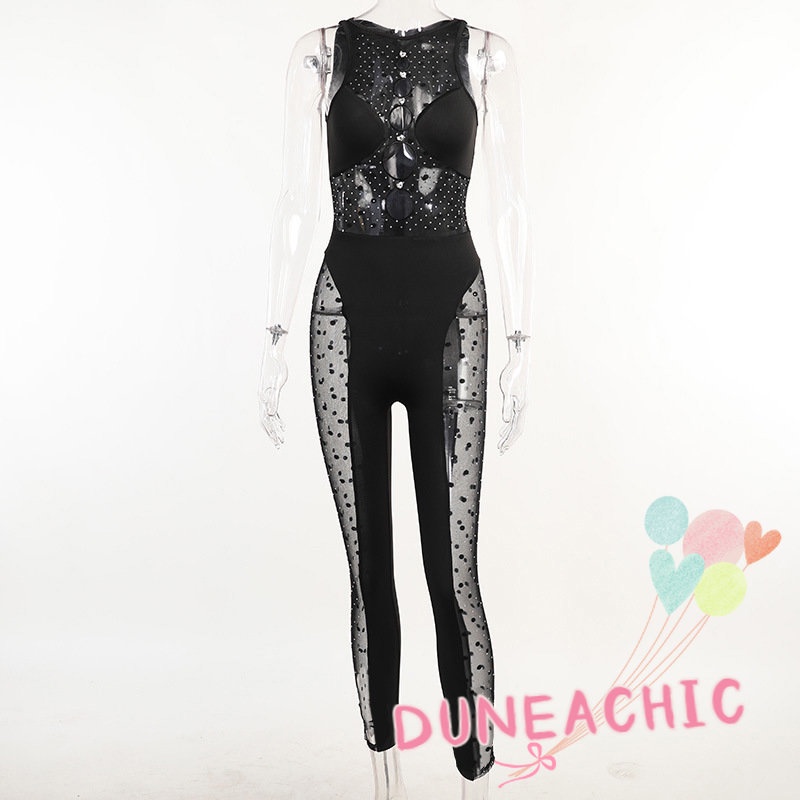 DUNEA Áo liền quần vải lưới xuyên thấu đính đá lấp lánh gợi cảm cho nữ