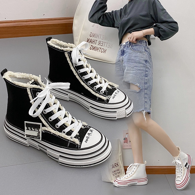 Giày thể thao IELGY vải canvas cổ cao mũi tròn thắt dây đơn giản phong cách Hàn Quốc thời trang dành cho nữ