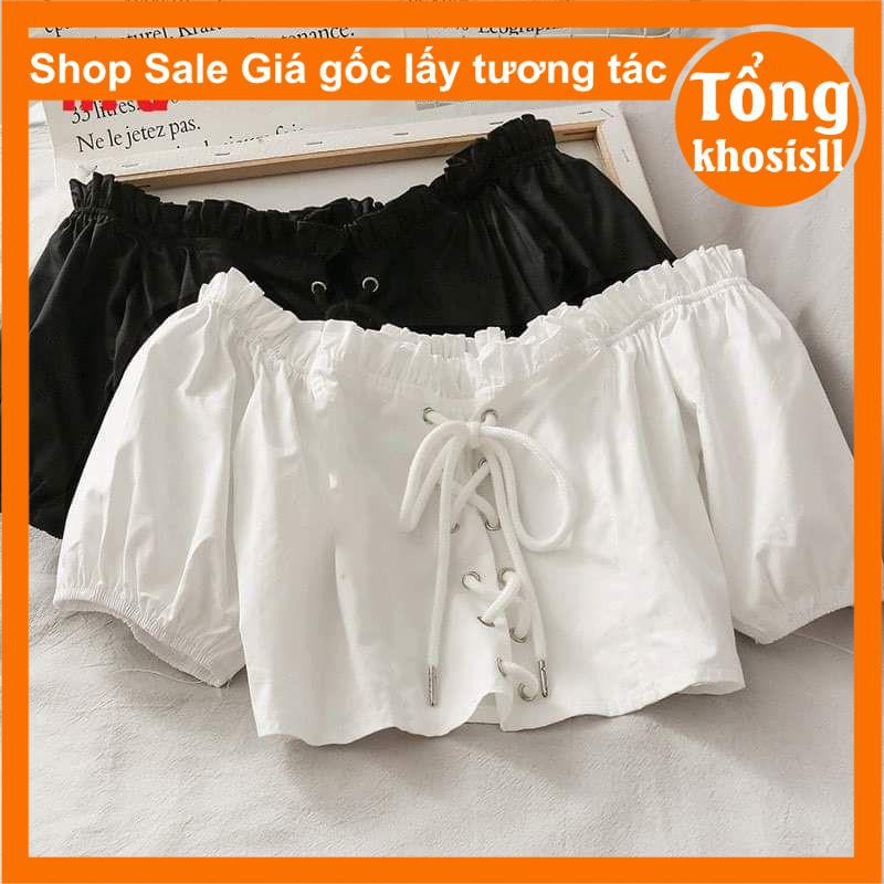 [ẢNH THẬT] áo croptop nữ tay bồng có dây nơ ,trễ vai oze