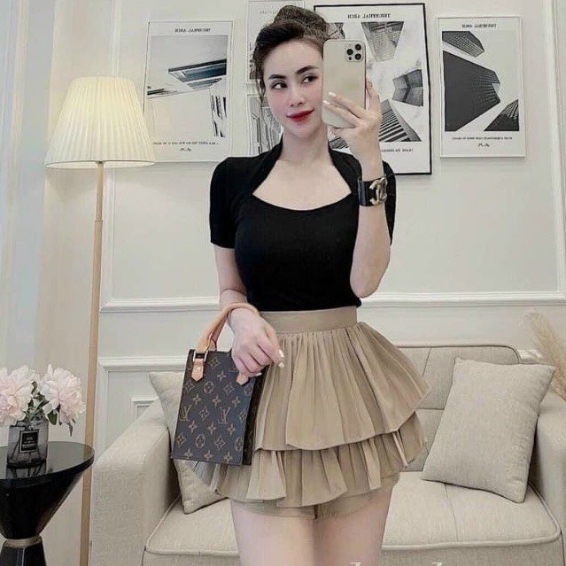 Chân Váy Dếp Ly Phân Tầng Dáng Xòe Vintage Tiểu Thư Kèm Quần Trong Váy