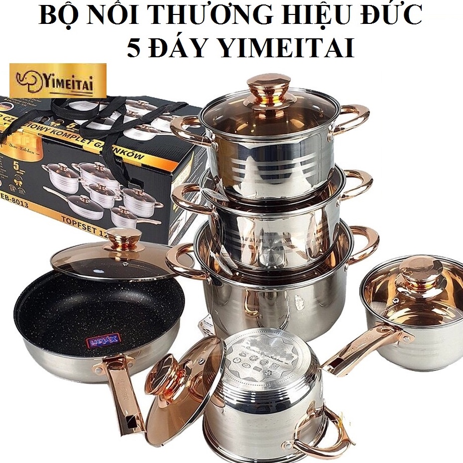 Bộ nồi Đức 5 đáy Yimeitai gồm 6 món lắp hợp kim vàng - dùng cho mọi loại bếp điện, bếp từ, bếp ga qq