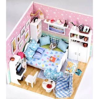 Mô hình nhà búp bê gỗ - Không gian phòng ngủ kết hợp màu xanh và hồng dành cho bé gái (N03-A)