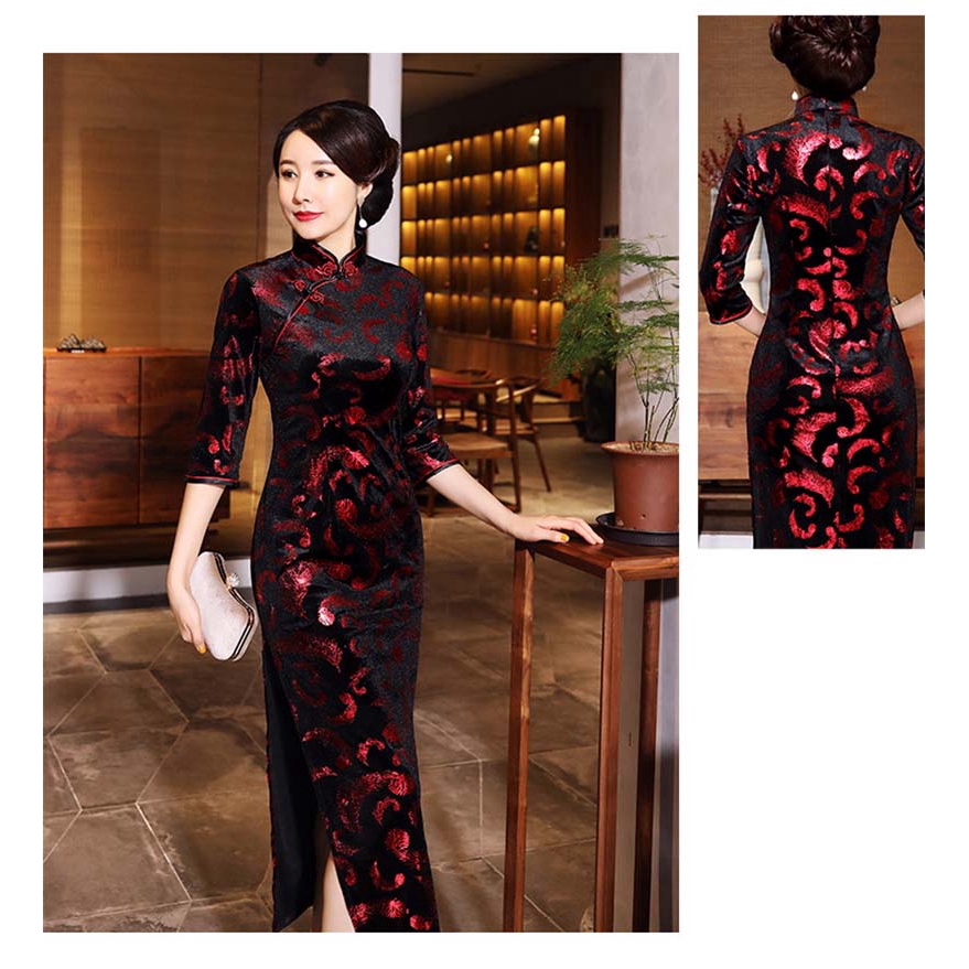 Cheongsam Dress Vintage Slim Dress Women Gold Velvet Wedding Party Long Dresses | BigBuy360 - bigbuy360.vn