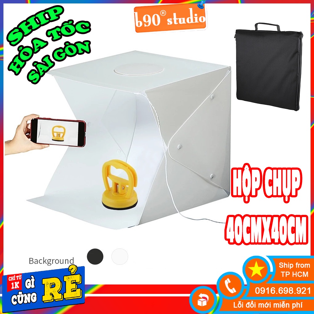 Hộp chụp ảnh sản phẩm studio size 40 X 40cm tích hợp dãy đèn led , 2 màu nền TRẮNG ĐEN tiện lợi nhỏ gọn