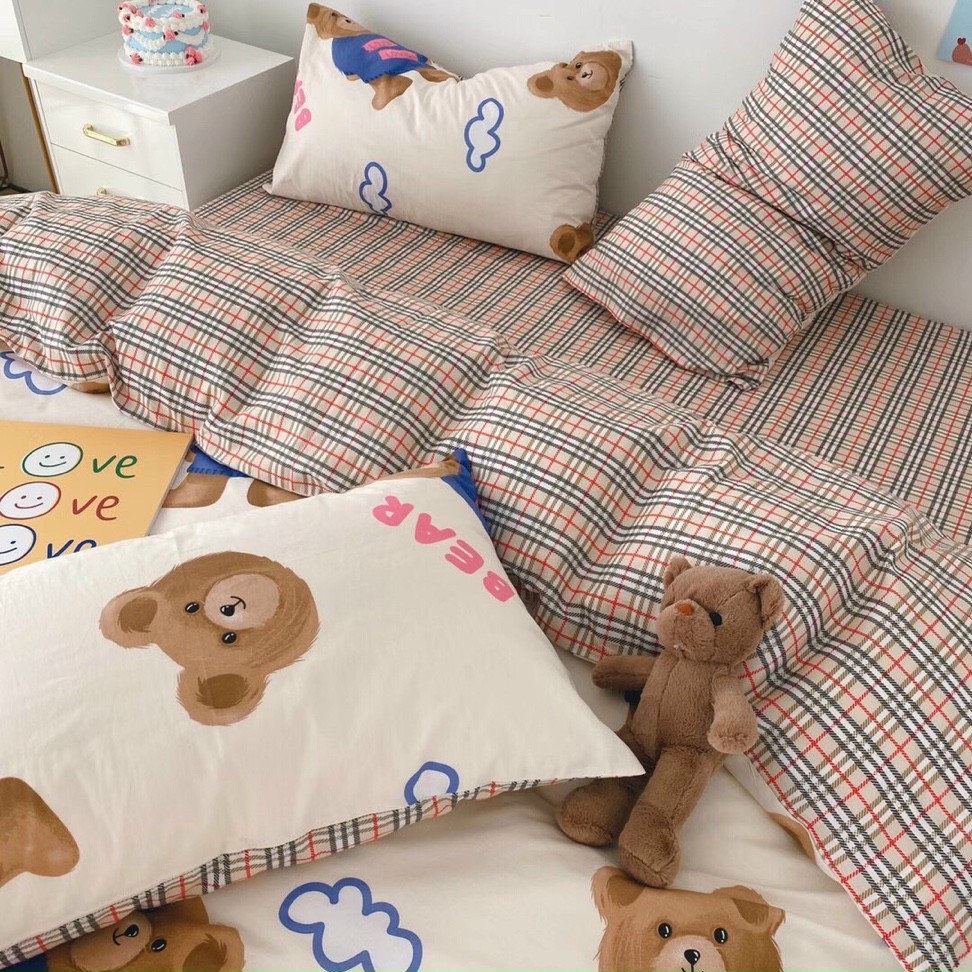 Bộ GẤU BEAR TRẮNG GA KẺ set chăn ga gối COTTON LIVING 100% Hàn Quốc