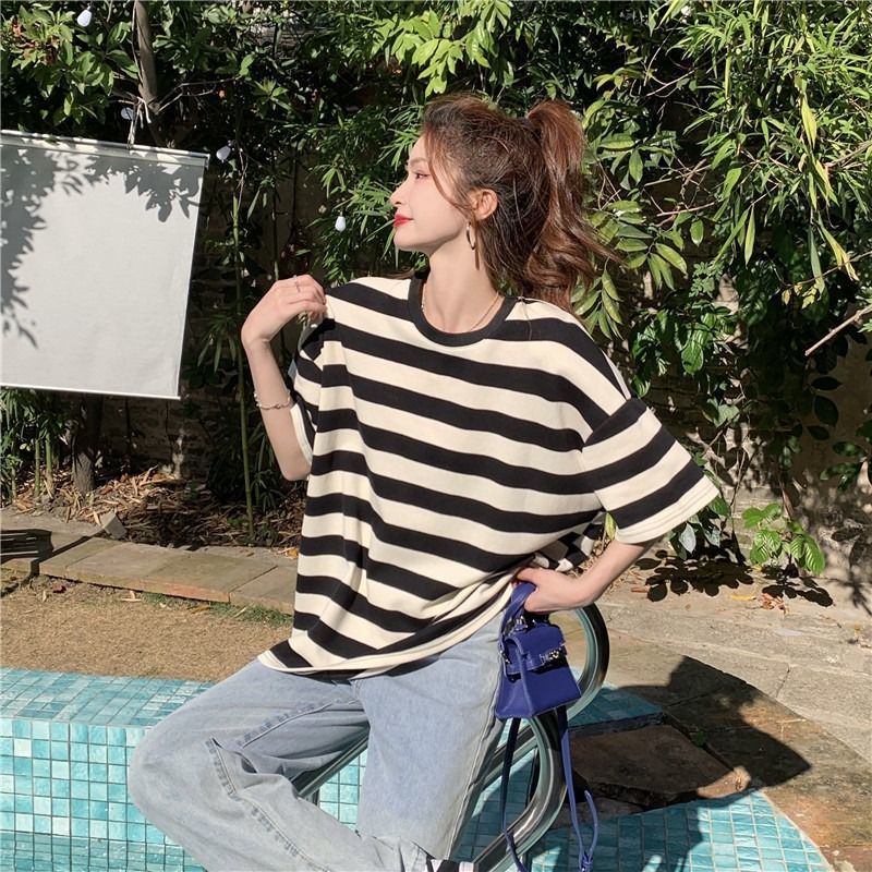 Áo Thun Tay Ngắn Kẻ Sọc Ngang Trẻ Trung Hợp Thời Trang 178282 Áo Thun Cổ Tròn Dáng Rộng Thời Trang Mùa Hè Dễ Phối Đồ