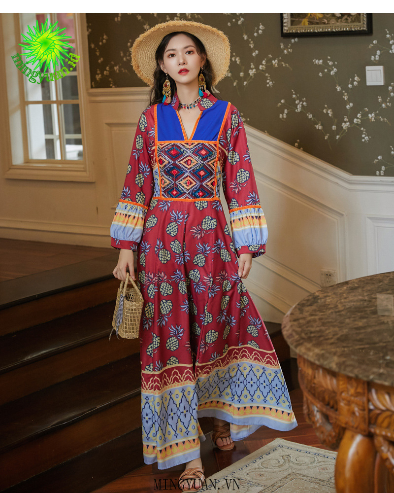 ( Mingyuan ) New retro ethnic heavy industry embroidery printing slim dress