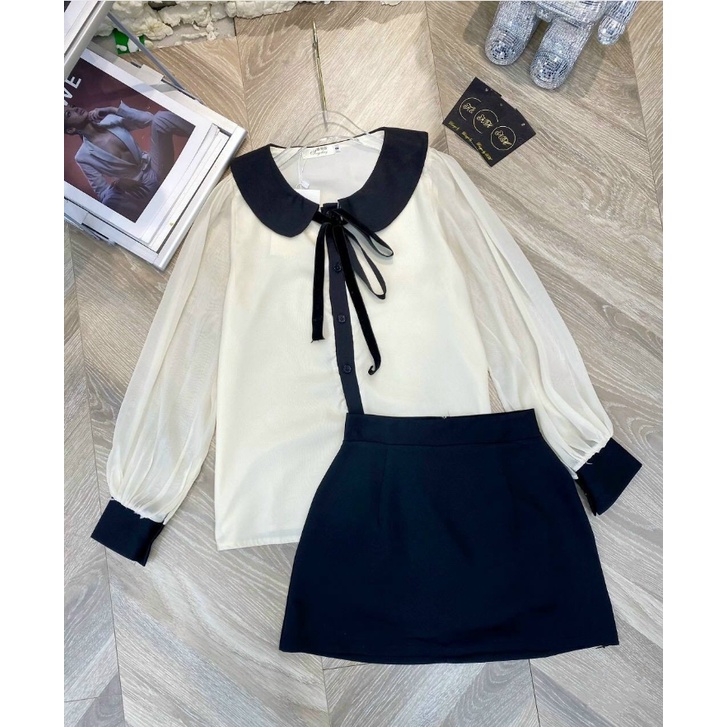 Set áo sơ mi cổ thắt nơ mix chân váy chữ A hàng quảng châu siêu đẹp,điệu đà