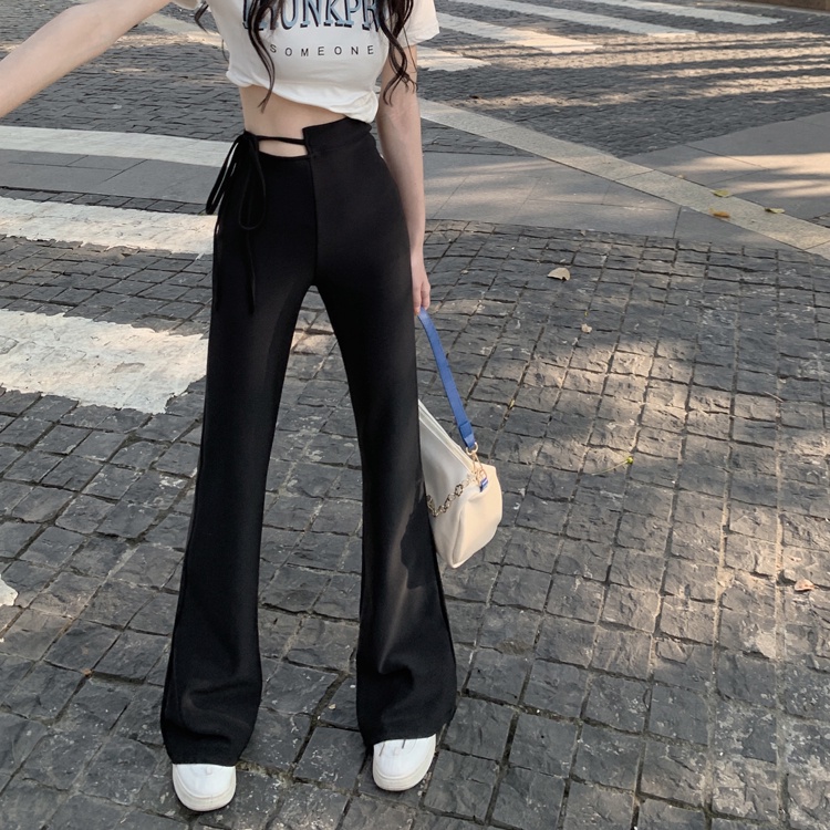 SUXI Quần dài ống rộng lưng cao màu đen trơn thời trang xuân hè cho nữ