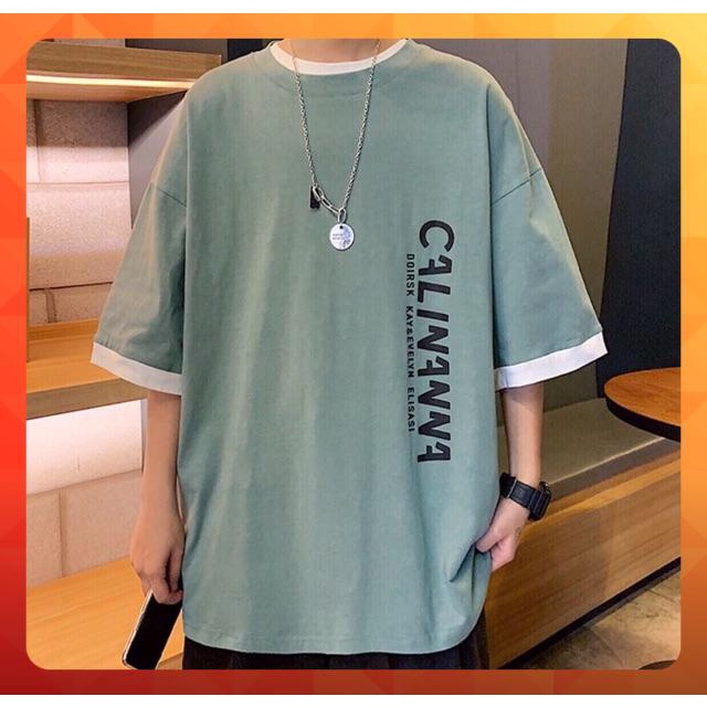 Áo thun tay lỡ form rộng họa tiết phối tay in dọc CALINANNA - Unisex nam nữ đều mặc được
