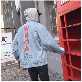 Áo khoác jean nam nữ chữ Whoa form rộng