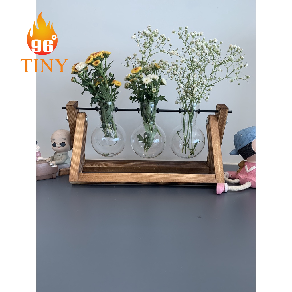 Bình hoa thủy tinh hình tròn có gắn khung gỗ để trồng cây thủy sinh, cắm hoa, trang trí bàn làm việc, văn phòng