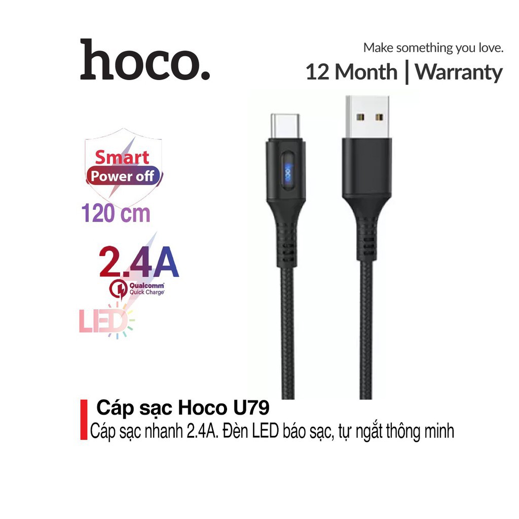 Cáp sạc nhanh 2.4A Hoco U79 Type-C dây dù siêu bền tự ngắt thông minh tích hợp đèn Led dài 1.2M cho Android