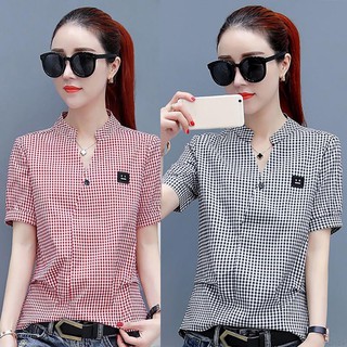 Áo sơ mi nữ cổ chữ V kẻ sọc caro dáng ôm