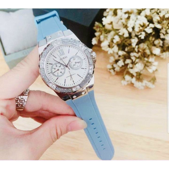 Đồng hồ nữ Guess dấy silicon, viền đính kim cương, hàng full box, thẻ bảo hành 12 tháng - Dongho.guess