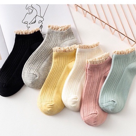 Set 5 Đôi Tất Len gân Nữ Cổ Ngắn Nhún Bèo Dễ Thương Nhiều Màu T25