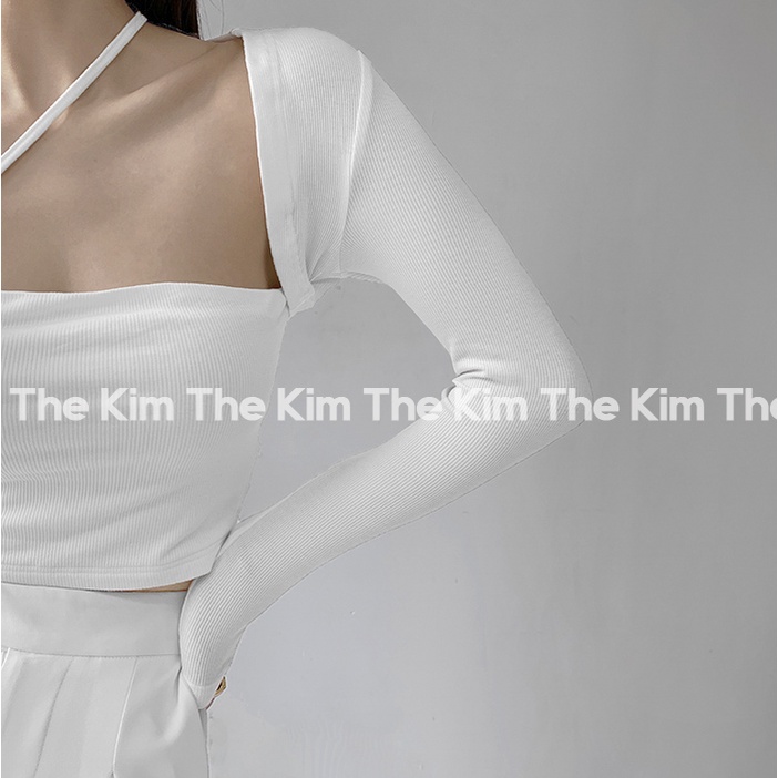 Áo len tăm dài tay croptop cổ vuông dây chéo ngực , thun tăm quây ngực tay dài The Kim AD135