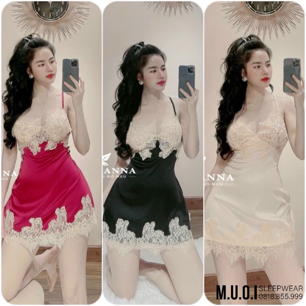 Váy ngủ lụa phối ren xẻ đùi sexy 2022❤️FREESHIP❤️Đầm mặc nhà gợi cảm QUẢNG CHÂU Muối Store Sx 30 ( video- ảnh)