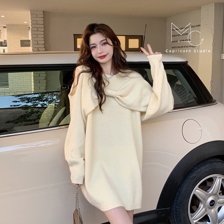 Áo len dài mùa thu đông thiết kế kiểu Pháp với nơ quây xinh xắn, khoét vai sexy