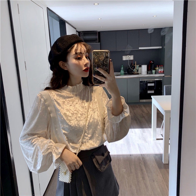 Áo sơ mi nhung tay dài cổ đứng phong cách Hàn Quốc cho nữ