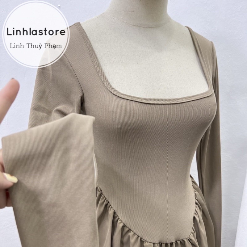VÁY DÀI TAY THÂN BỒNG CỔ VUÔNG CHÂN VÁY LIỀN PHONG CÁCH HÀN QUỐC linhla (ảnh thật)