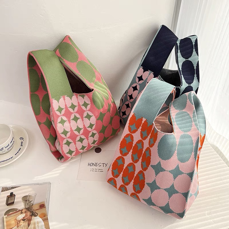 Túi Đeo Vai Đan Len Họa Tiết Sọc Caro Thời Trang Cho Nữ