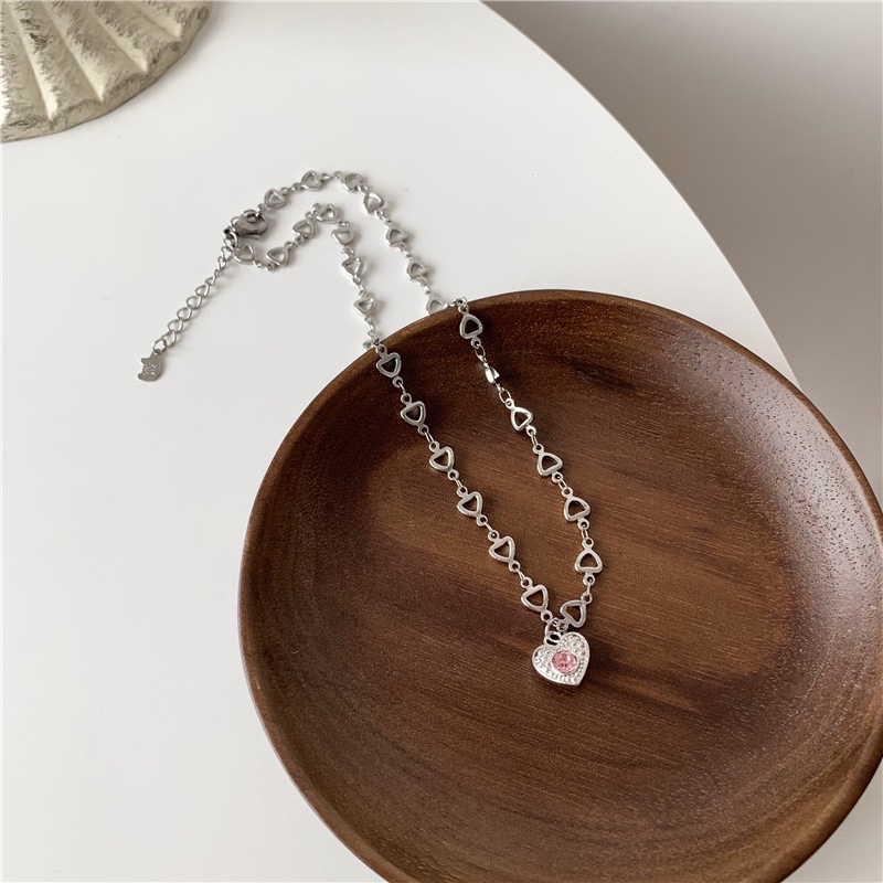 Dây chuyền mặt hình trái tim đính đá hồng đơn giản độc đáo thời trang cho cặp đôi 19A1289