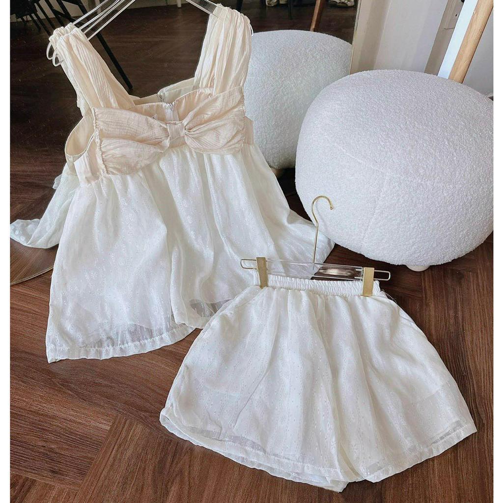 SET ÁO NUDE DÂY BẢN PHỐI NƠ + SHORT