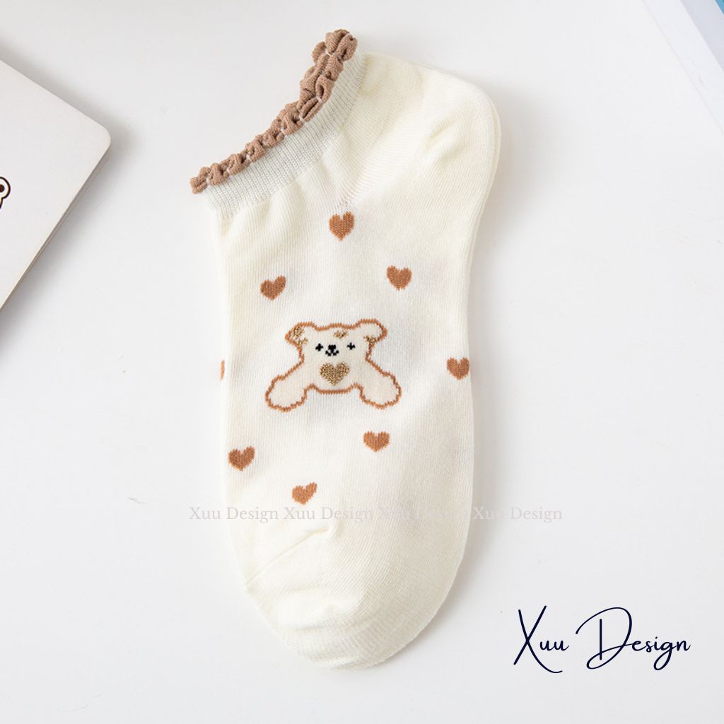 Tất nữ cổ ngắn XUU cổ viền bèo họa tiết gấu dễ thương vải cotton co dãn - T10