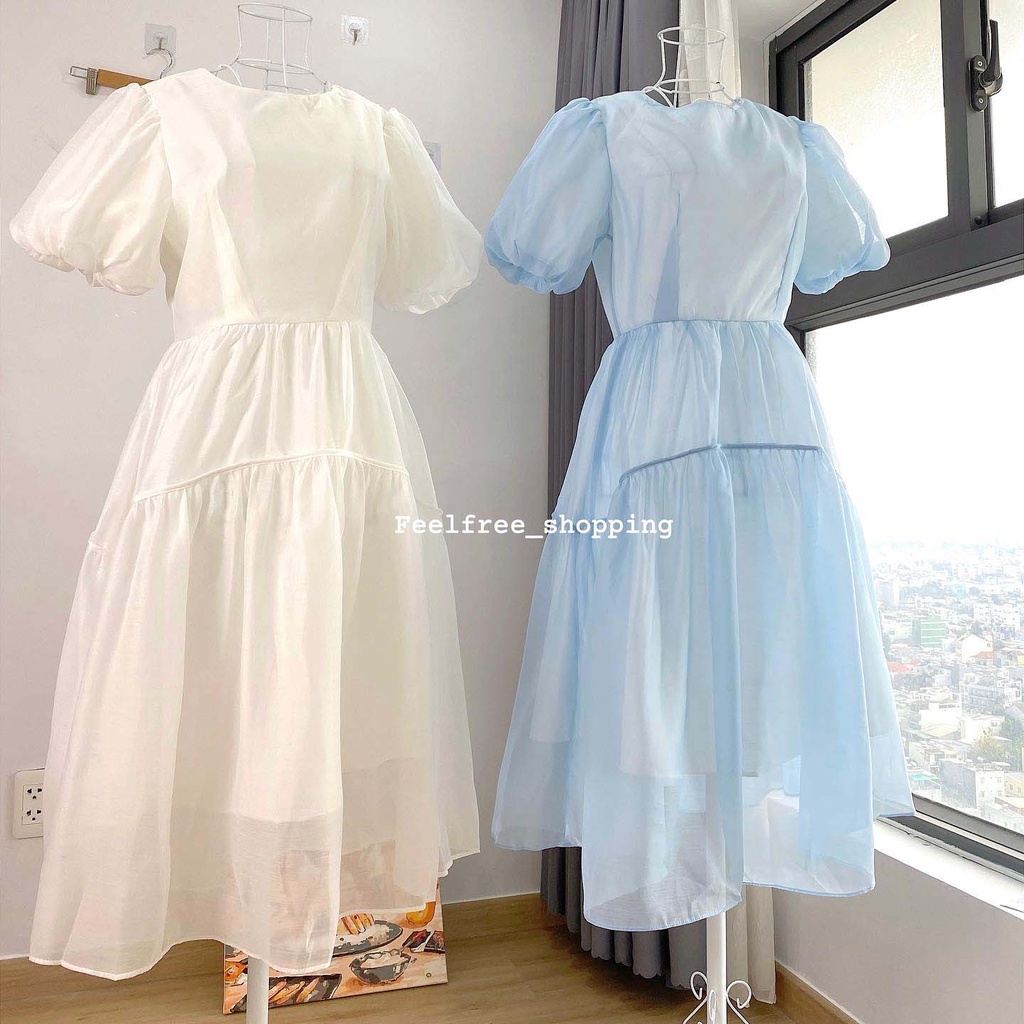 Đầm Dáng Dài Tay Xoè Cổ Vuông Hai Lớp Mặc Đi Tiệc, Đi Chơi, Kỷ Yếu (Hình Thật)