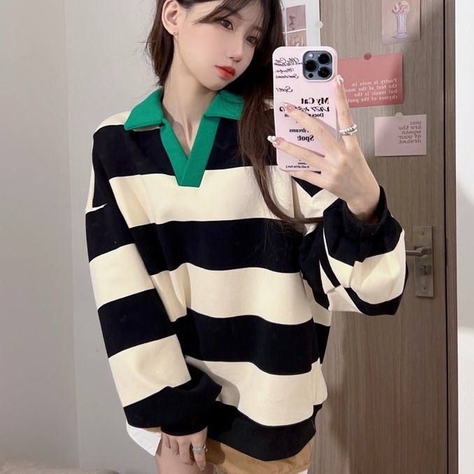 ZHELIHANGFEI Áo Thun Dài Tay Cổ Bẻ Form Rộng Họa Tiết Kẻ Sọc Trẻ Trung