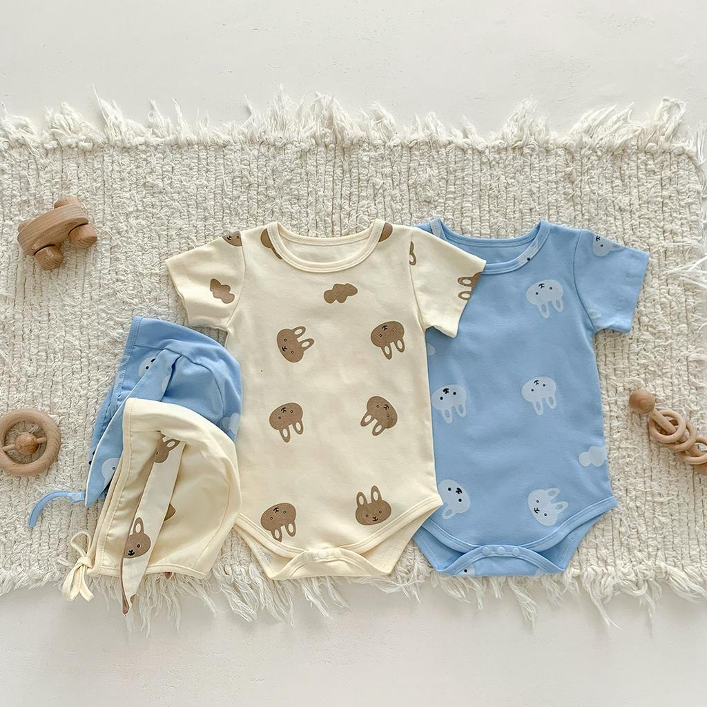 Bộ Áo Liền Quần Kèm Mũ In Hình Thỏ Bunny Dễ Thương Thời Trang Mùa Hè Cho Bé 0-2 Tuổi