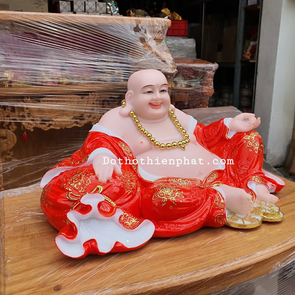 Tượng phật di lặc đá 12in ngang 27 cm màu đỏ rất đẹp