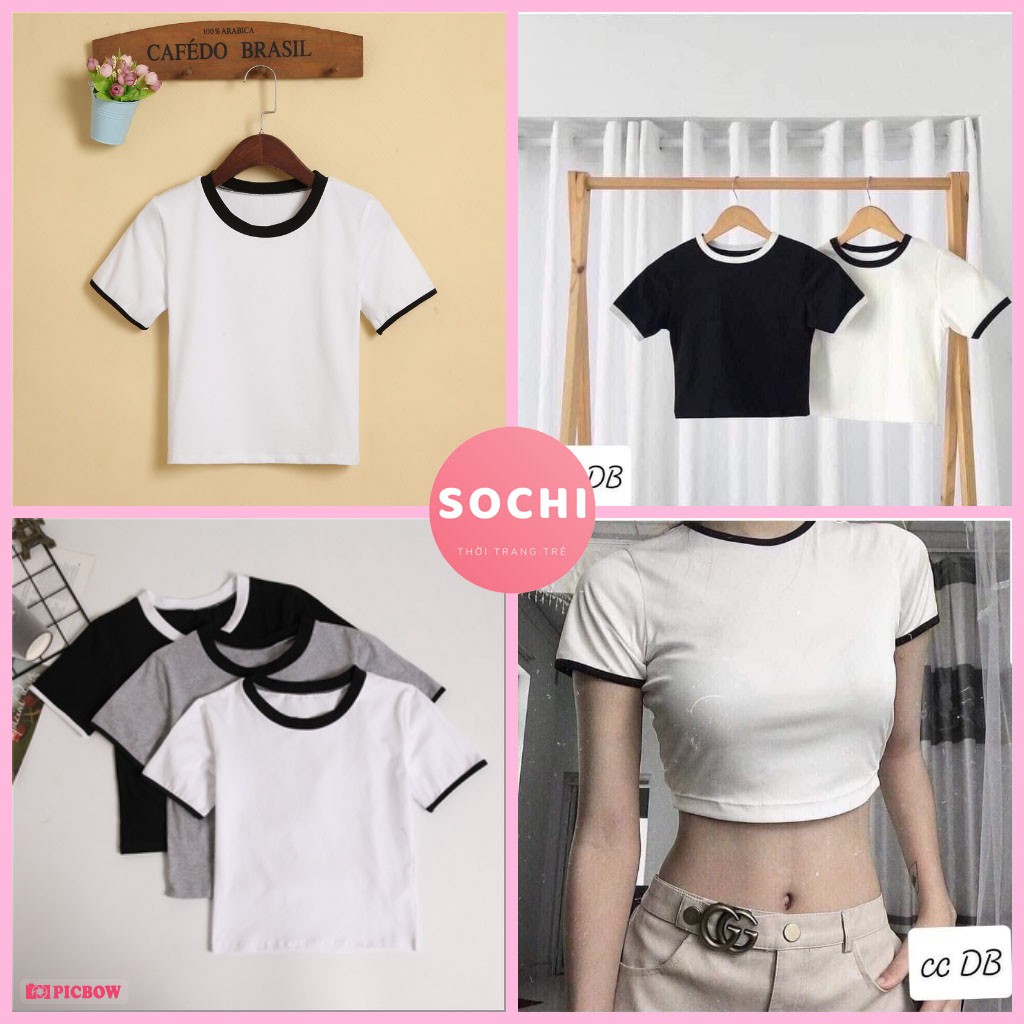 [FREESHIP] Áo Croptop Ôm Trắng Đen Viền Cổ