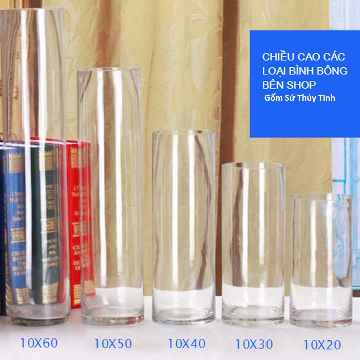 Lọ hoa 12x30, trụ óng 10x30, 8x30, bình hoa thuỷ tinh óng trụ trang trí