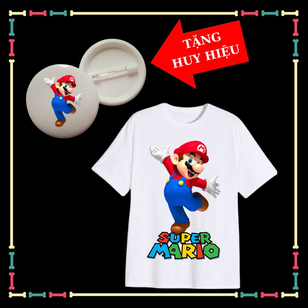 Áo thun Mario bé trai, bé gái, tay ngắn đủ màu sắc, huy hiệu Mario trẻ em