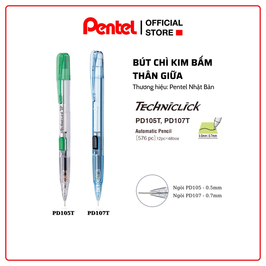 Bút Chì Kim Pentel Bấm Thân Giữa PD105T/ PD107T | Thiết Kế Thân Trong Đẹp Mắt | Nút Bấm Tiện Lợi