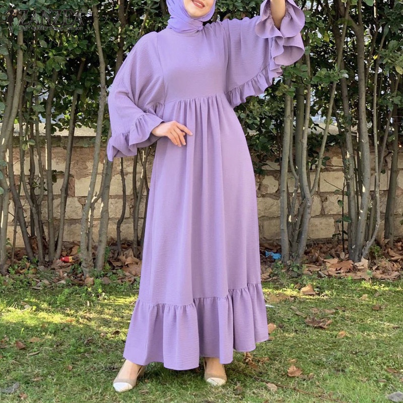 Đầm dài ZANZEA tay diềm xếp nếp búp bê dành cho phụ nữ Hồi giáo