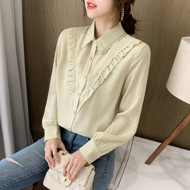 Áo voan tay dài cổ búp bê phối ren thời trang chất lượng cao cho nữ