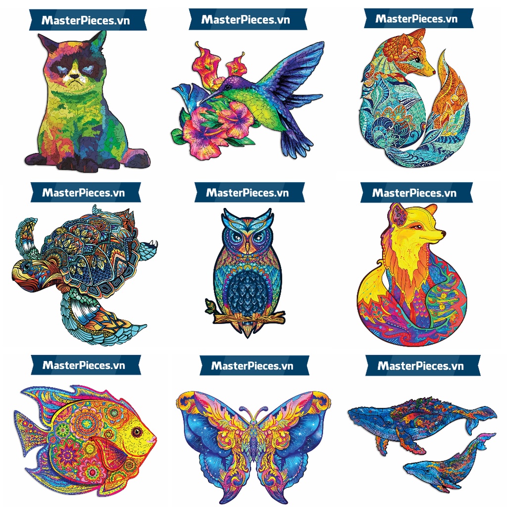 Bộ Xếp Hình Gỗ Sáng Tạo MasterPieces.vn Ghép Hình Puzzle Con Vật Tổng Hợp - Con Cáo, Bướm, Chim, Rùa, Cá, Cá Voi, Cú