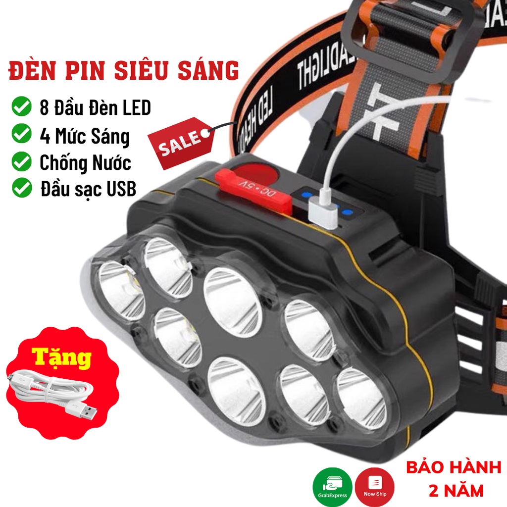 Đèn Pin Siêu Sáng Đèn Pin Đội Đầu 8 Bóng Led Chiếu Xa Kèm Dây Sạc Bin.Home