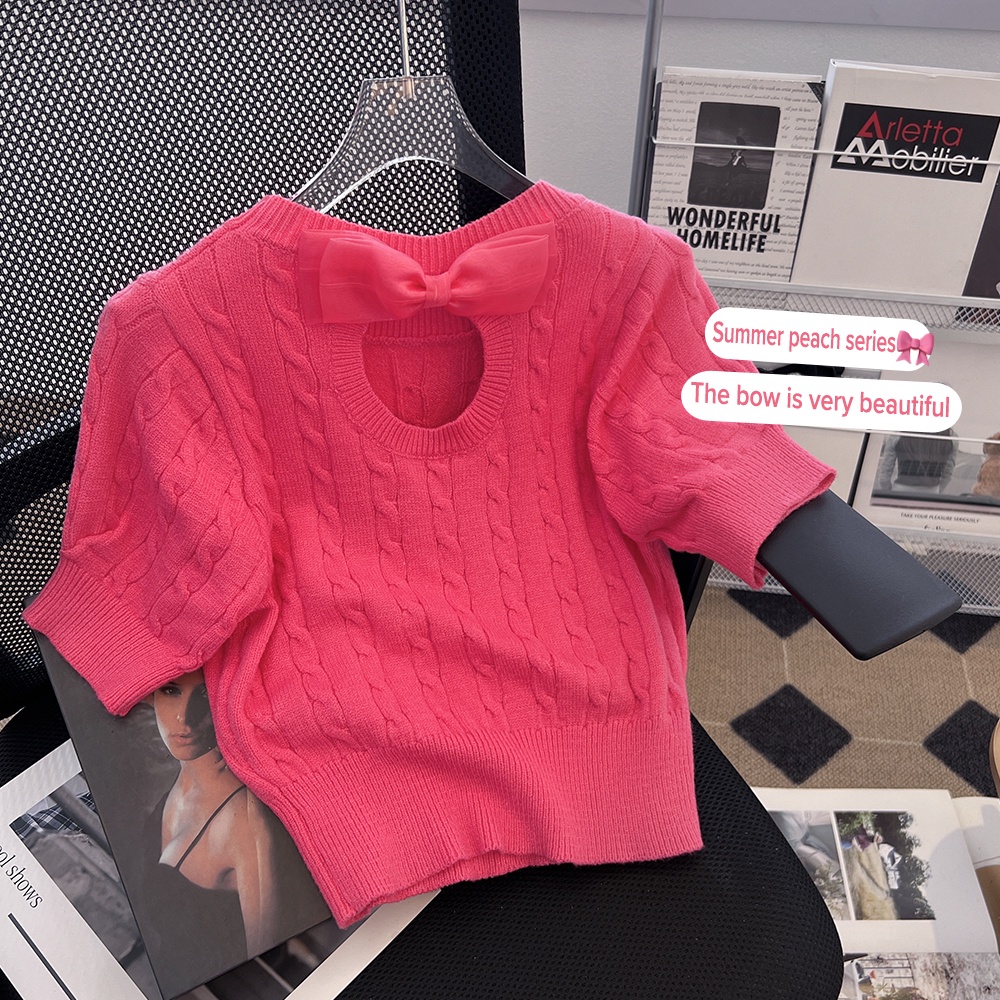 NUZIRO  Áo thun  dệt kim ngắn tay đính nơ xinh xắn cho nữ