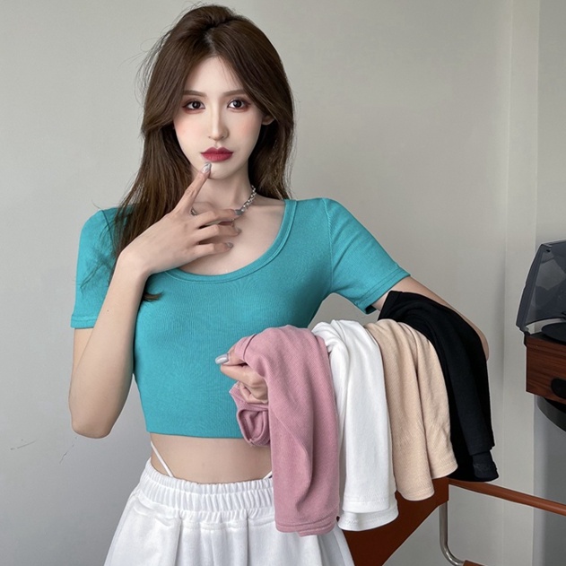 ÁO THUN ÔM BODY NỮ TAY NGẮN CỔ THUYỀN VẢI THUN GÂN NHIỀU MÀU TRƠN / BASIC TOP