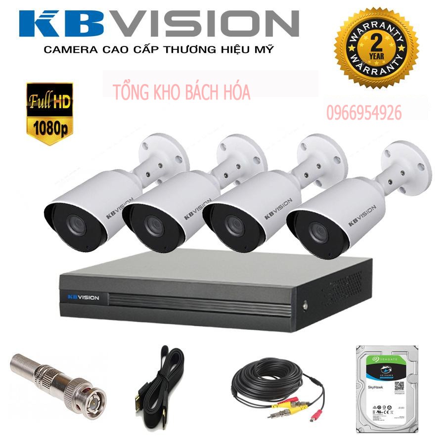 [Tích hợp thu âm] Trọn bộ 4 camera thân KBVISION 2100CB4 Full HD 1080p + HDD 500G + 80 mét dây đúc sẵn 2 đầu.