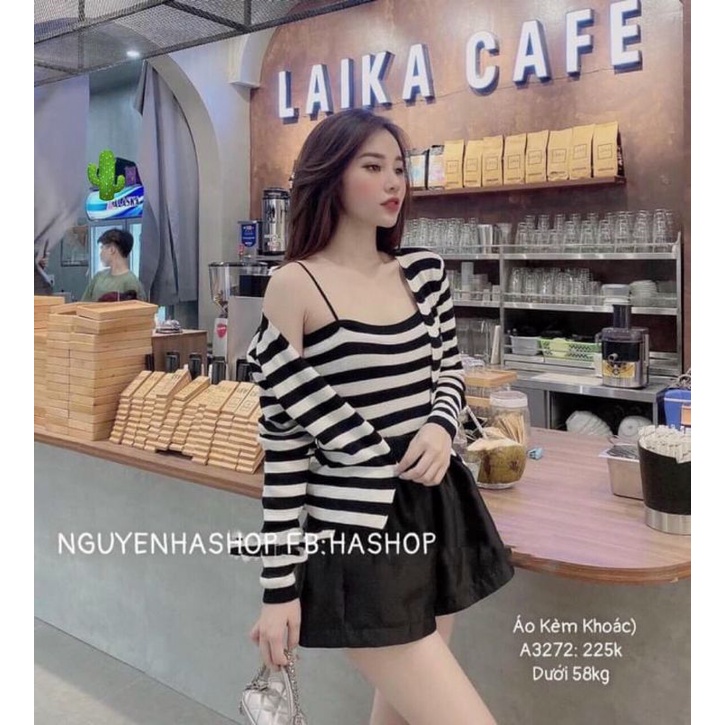 🅰️ Set áo 2in1, áo dây sọc ngang+quần đen và khoác ngoài xinh xắn, Chất: thun gân, Size: