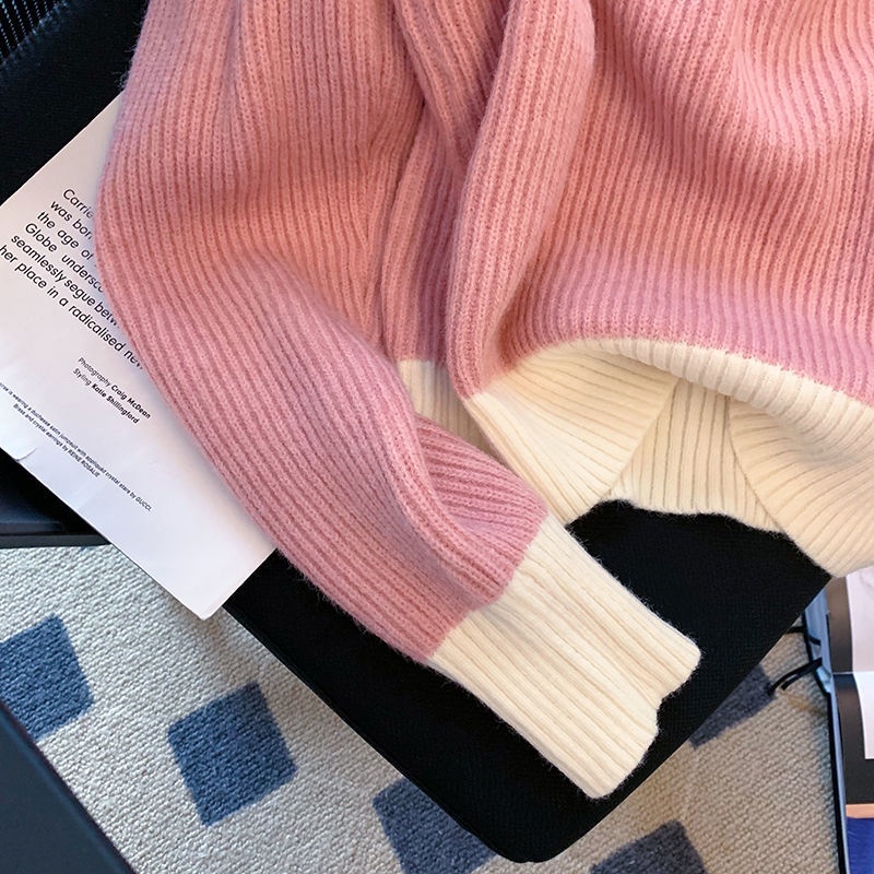 Áo Sweater Dệt Kim Cổ Chữ V Màu Sắc Tương Phản Phong Cách Hàn Quốc Thời Trang Mùa Thu Cho Nữ